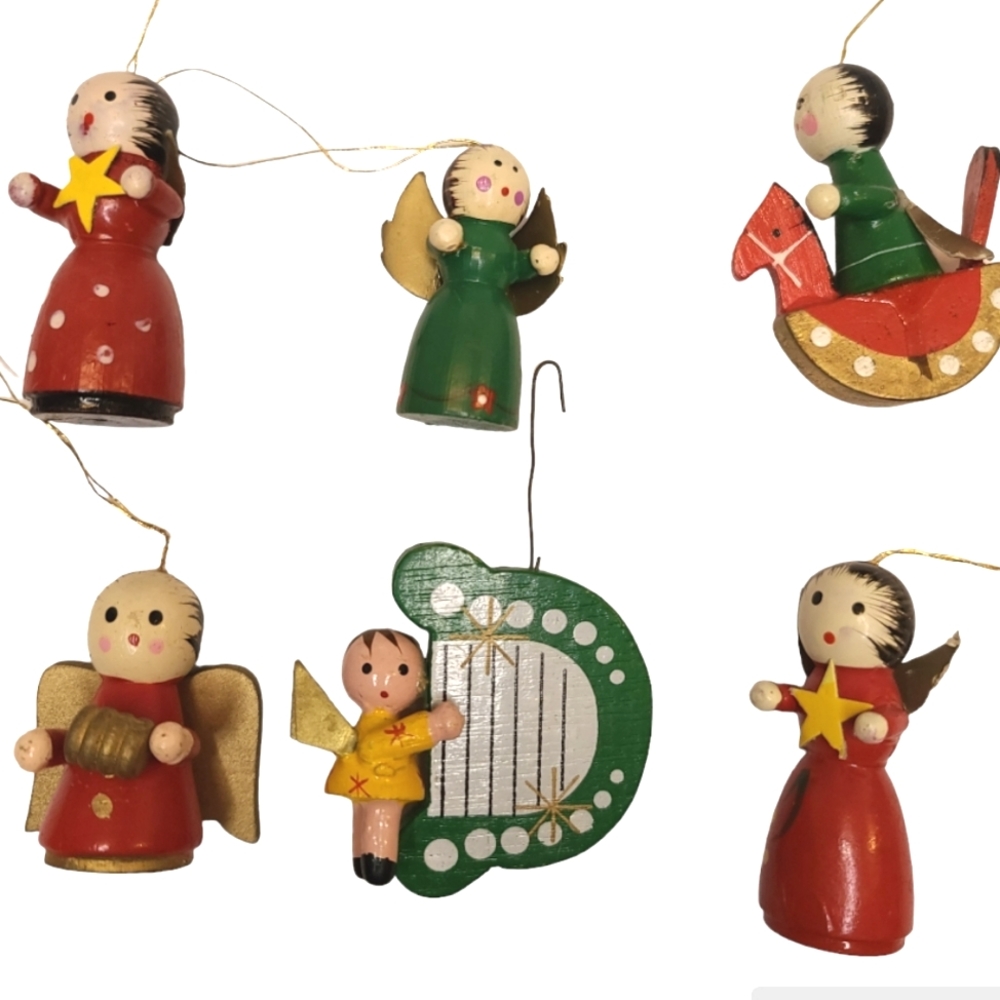 lot of 6 Vintage Wooden Christmas Ornaments 6 Angels 2.5 inches